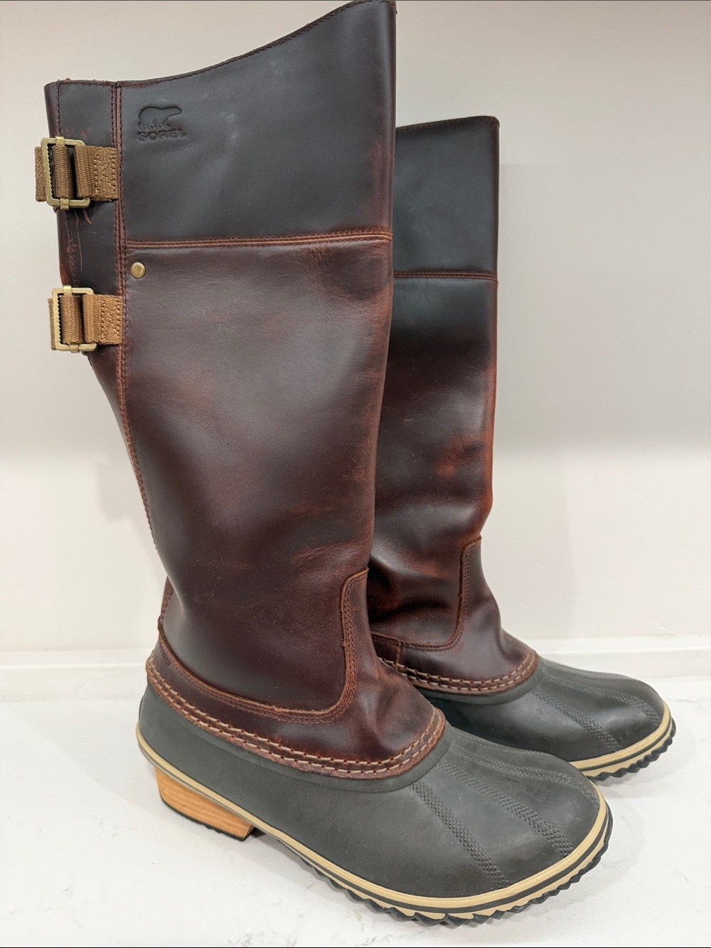 Sorel Brown and Black Tall Leather Rain Boots with Buckles- Women’s